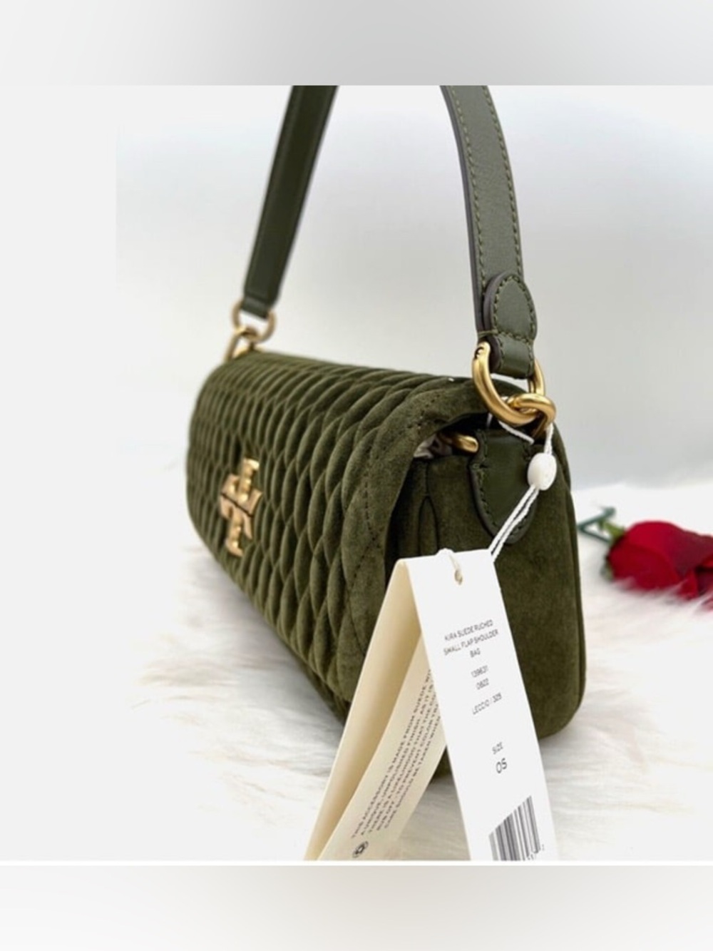 Tory Burch Olive Quilted Suede Shoulder Bag with Gold Logo - Picture 5 of 9